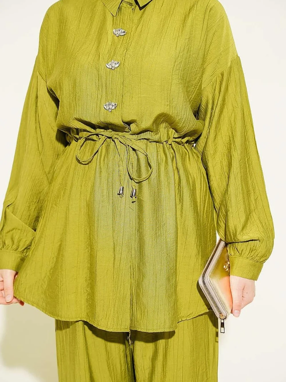 Oil Yellow Tunic Set Rhinestone Buttons Wide Leg Pants Modest XL